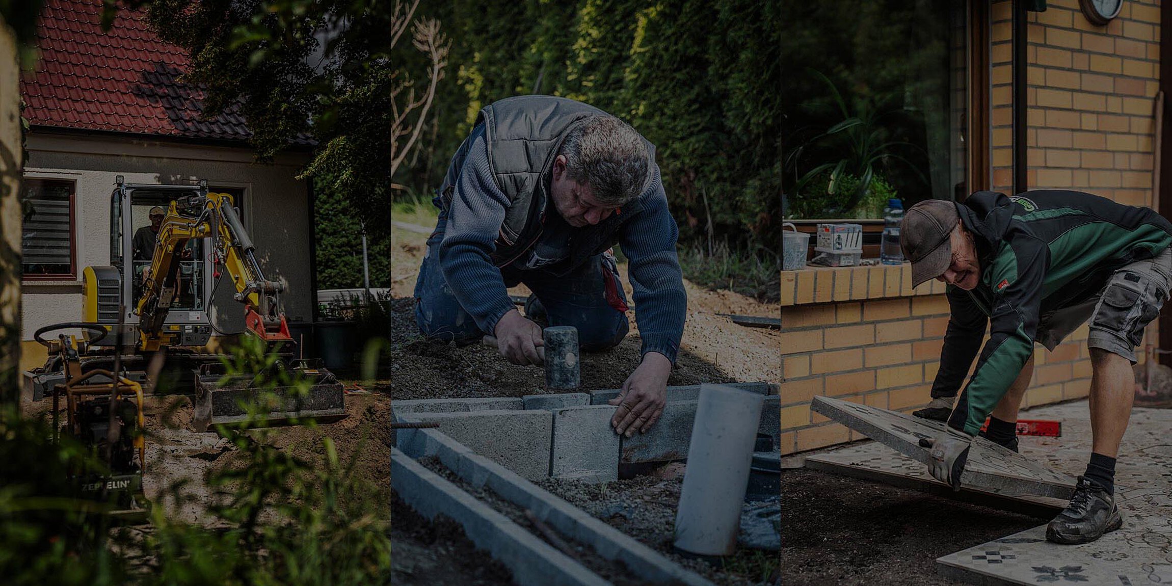 GaLaBau, Kollegen im Bagger, Randsteine setzen und Terrassenplatten verlegen