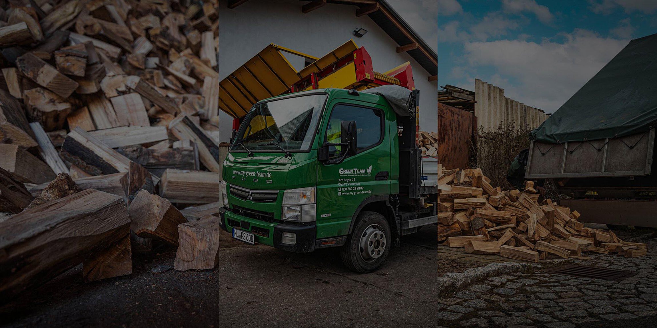 Brennholzbild, LKW für Brennholzlieferung und Brennholz abladen